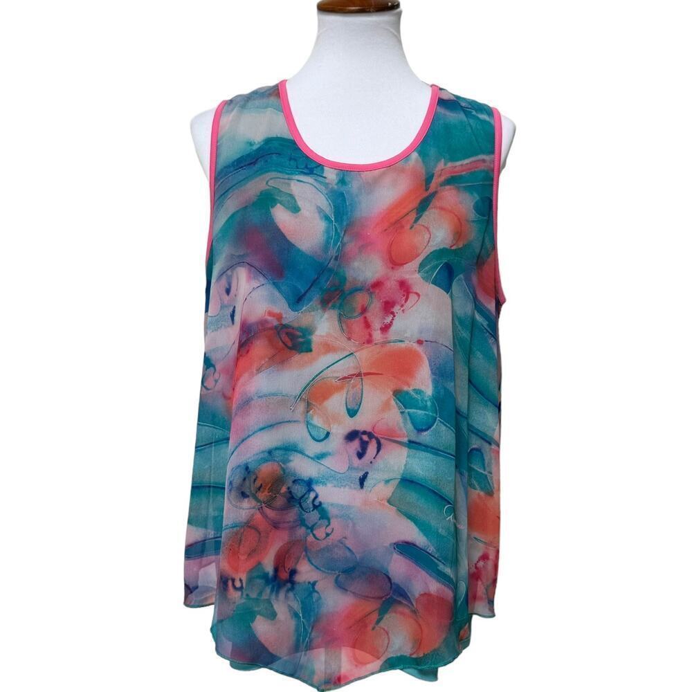 🍀Dawn Davis Art & Sol Women's Blouse Blue Watercolor Sleeveless Tulip Hem Back L